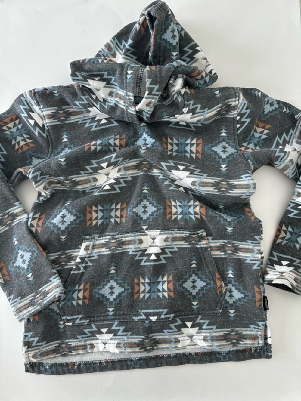 Kids Aztec Hooded Pullover Sweatshirt - Gray Blue Brown, Size 8